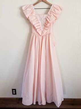 Vintage Gunne Sax Jessica McClintock Ruffle Bow Lacc Maxi Prom Dress 3 Pink 80s